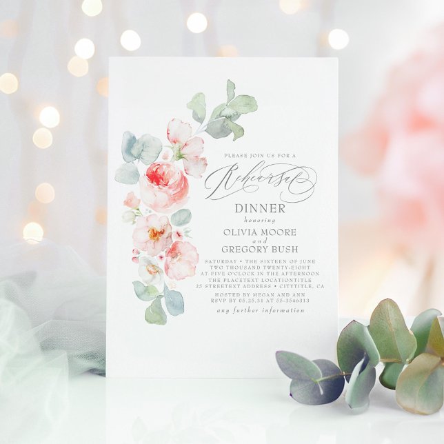Convites Janto de ensaio elegante das flores rosadas moles (Pink Floral Rehearsal Dinner Invitations)