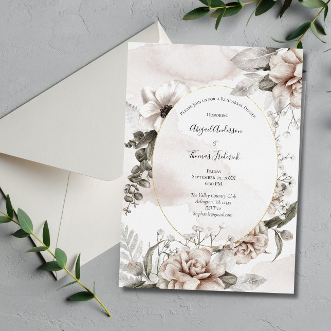 Convites Janto de Ensaio Elegante de Cinzas Rosa Escamudo F (Blush Pink Gray Floral Elegant Wedding Rehearsal Dinner Invitation)