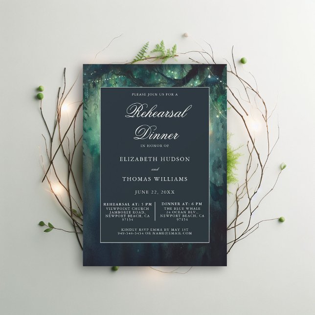 Convites Janto de Ensaio Elegante de Esmeralda Florestal En (wedding rehearsal dinner invitation enchanted forest secret garden magical theme emerald gold)