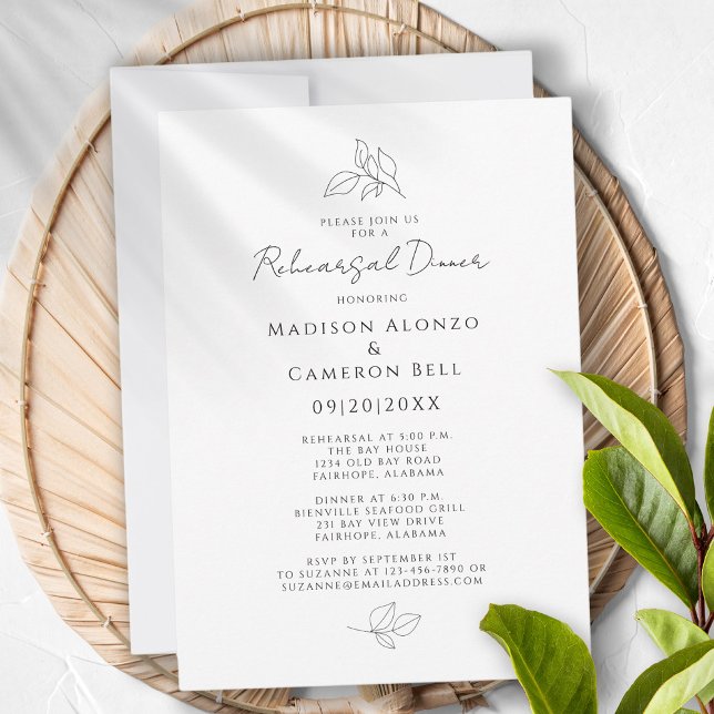Convites Janto de ensaio elegante deixa preto e branco (Elegant Rehearsal Dinner Botanical Leaves Black & White Invitation)