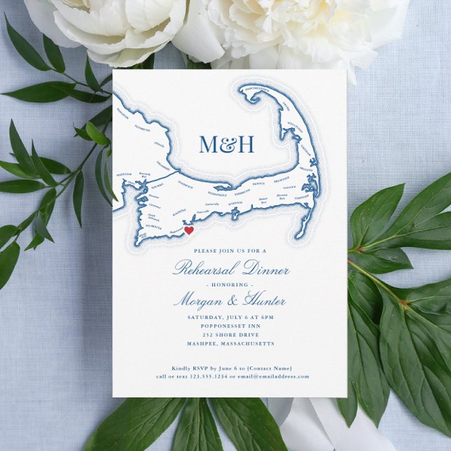 Convites Janto de ensaio Elegante do Mapa do Cabo Cod (Cape Cod Rehearsal dinner invitations with a map of the Cape are perfect for a destination wedding)