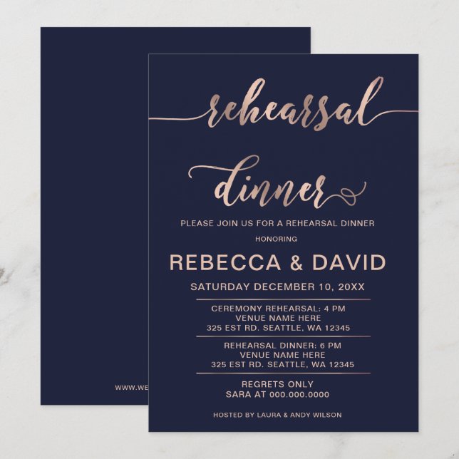 Convites Janto de ensaio Elegante Dourado do marinho e Rosa (Frente/Verso)