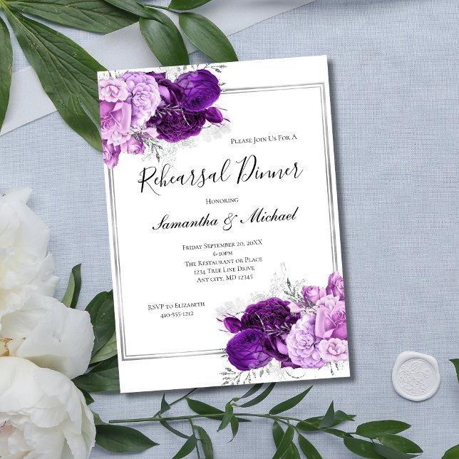 Convites Janto de Ensaio Elegante Floral de Prata Roxa (Purple Silver Floral Elegant Wedding Rehearsal Dinner Invitation. Printed  Instant digital download)