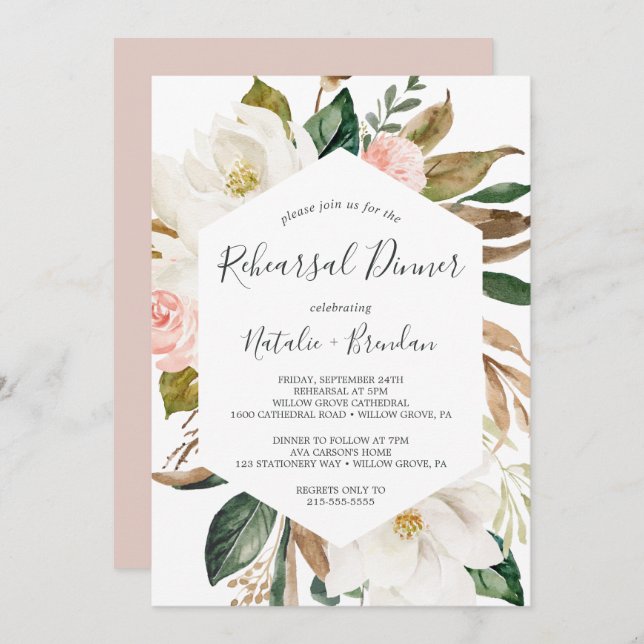 Convites Janto de ensaio Elegante Magnolia White e Blush (Frente/Verso)