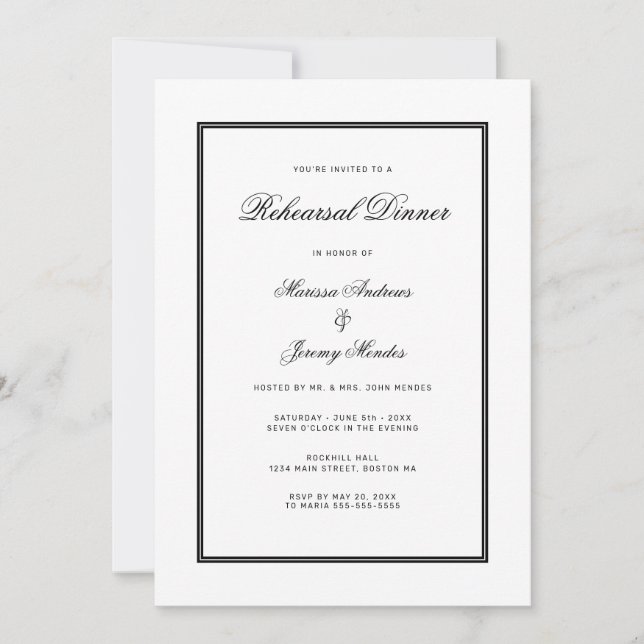 Convites Janto de ensaio Elegante White Black Script (Frente)