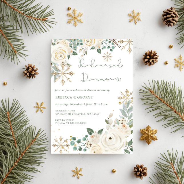 Convites Janto de ensaio em flocos de neve de inverno de Na (Christmas Winter Snowflake Rehearsal Dinner Invitation)
