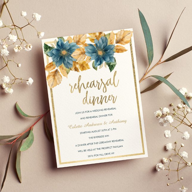 Convites Janto de ensaio floral azul-marinho-ouro-Glam (Glam gold navy blue green floral Rehearsal Dinner)