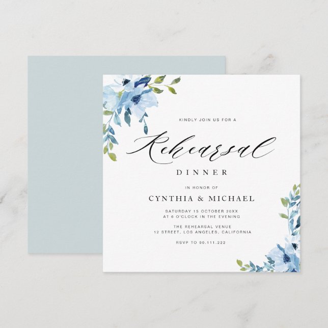 Convites janto de ensaio floral branco e azul elegante  (Frente/Verso)