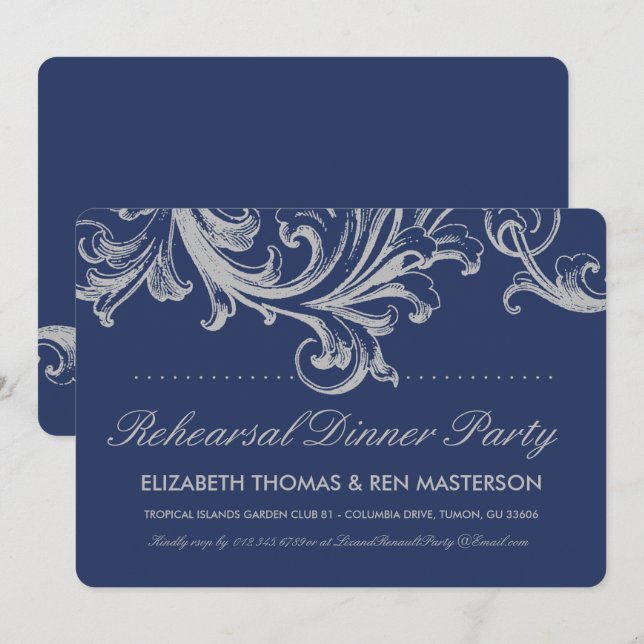 Convites Janto de Ensaio Floral de Azul e Cinza Antiquado (Frente/Verso)