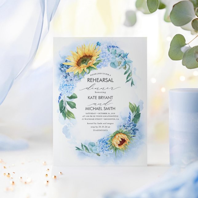 Convites Janto de Ensaio Floral de Sunflower Dusty Blue (Dusty Blue and Yellow Rehearsal Dinner Invitations)