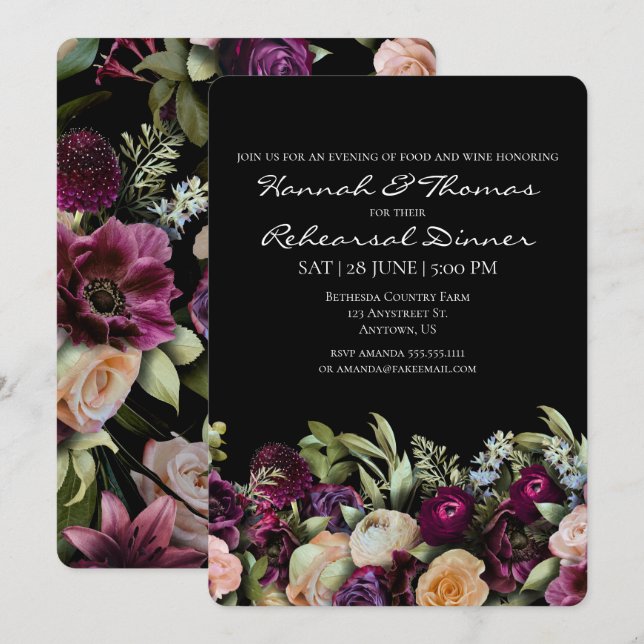 Convites Janto de Ensaio Floral Elegante a Preto-Escuro (Frente/Verso)
