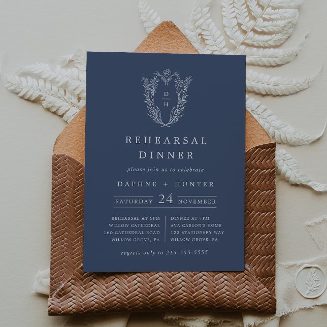 Convites Janto de Ensaio Floral Elegante Azul Escuro DAPHNE (DAPHNE Dark Blue Elegant Floral Rehearsal Dinner Invitation)