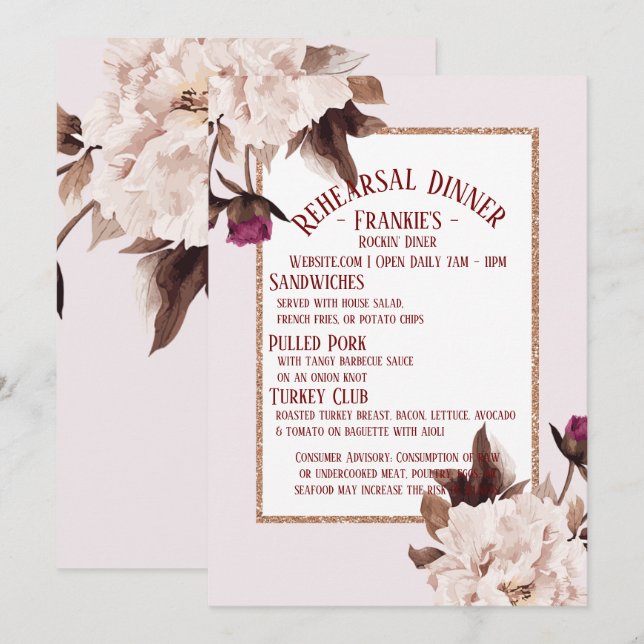 Convites Janto de Ensaio Floral Pink Peony Watercolor (Frente/Verso)