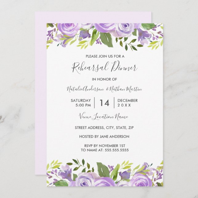 Convites Janto de Ensaio Floral Púrpura de Aquarela Elegant (Frente/Verso)