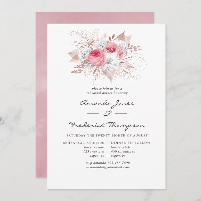 Convites Janto de Ensaio Floral Rosa, Rosa e Rosa, (Frente/Verso)