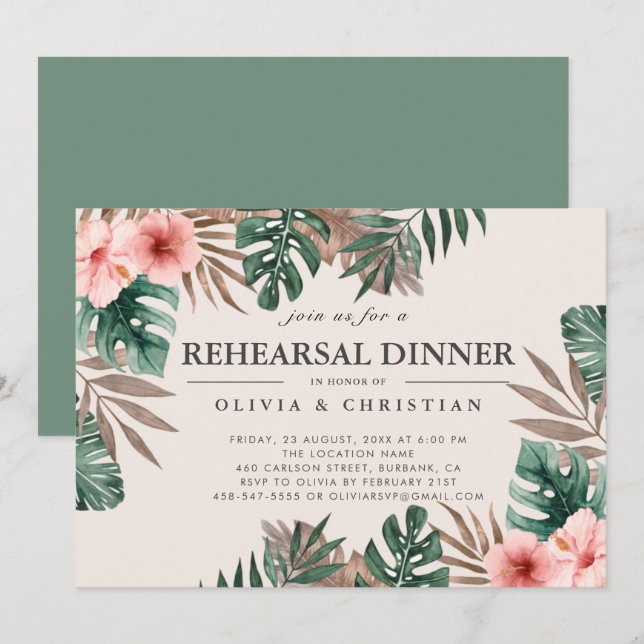 Convites Janto de Ensaio Floral Verde de Aquarelas Tropicai (Frente/Verso)