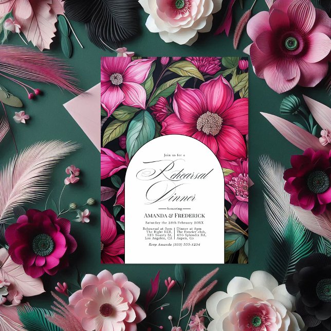 Convites Janto de ensaio Fuchsia, Emerald Green e Black (Fuchsia, Emerald Green and Black Rehearsal Dinner Invitation)