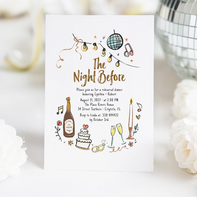 Convites Janto De Ensaio Funk Desenhado À Mão Whimsical (The Night Before Whimsical French Line Art Doodles Rehearsal Dinner Invitations)