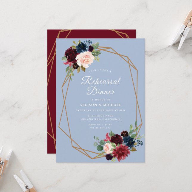 Convites janto de ensaio geométrico azul empoeirado (Frente/Verso In Situ)