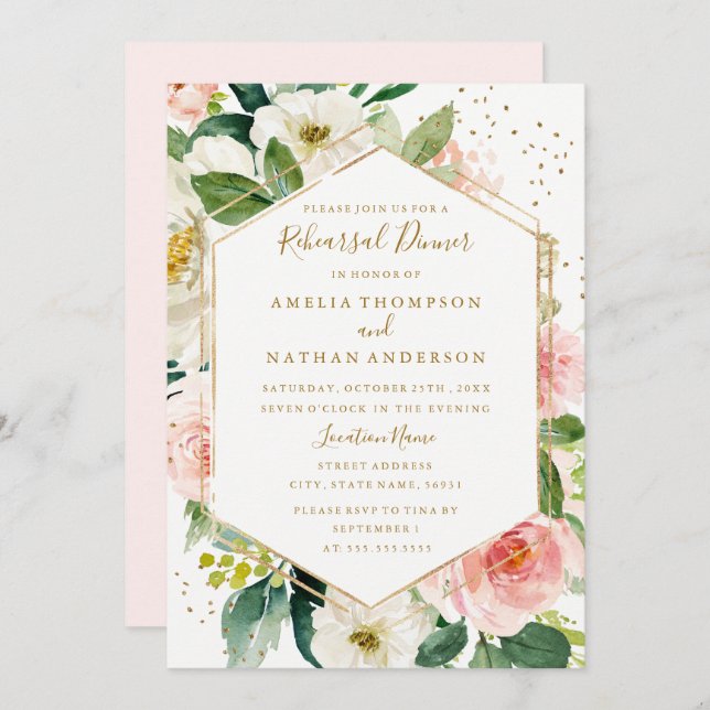 Convites Janto de ensaio geométrico Dourado rosa (Frente/Verso)