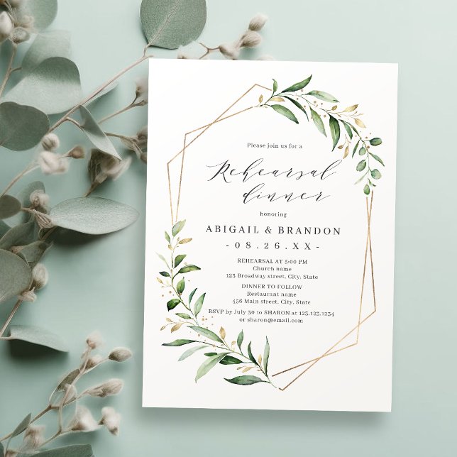 Convites Janto de Ensaio Geométrico Russo Dourado Greeneras (Greenery Gold Geometric Rustic Rehearsal Dinner In Invitation)