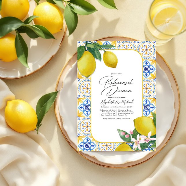Convites Janto de ensaio italiano Charm Lemon do Mediterrân (Mediterranean Charm Lemon Italian Rehearsal Dinner Invitation)