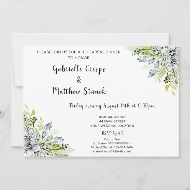 Convites Janto de Ensaio Moderno de Aquarela Azul Floral (Frente)