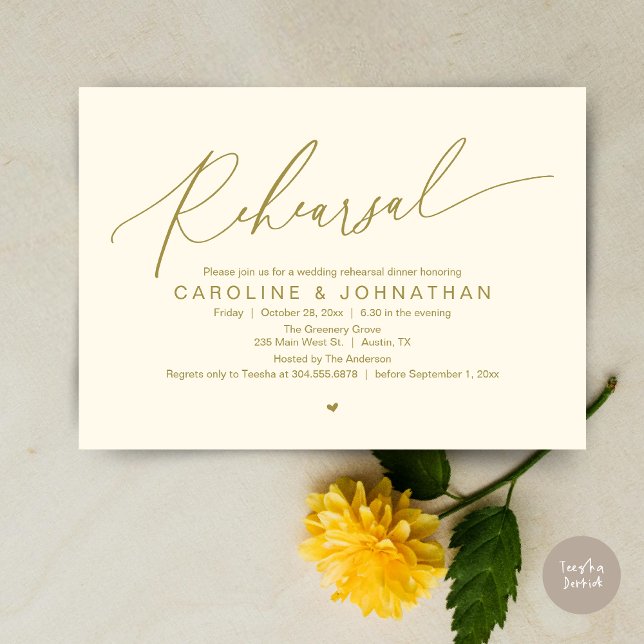 Convites Janto de ensaio na noite anterior à Festa de casam (Romantic Rehearsal Dinner The Night Before Wedding Dinner Party Invitation Card PDF Yellow Gold)