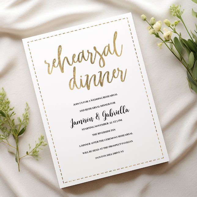Convites Janto de ensaio para a caligrafia branca simples (Simple white gold calligraphy Rehearsal Dinner)