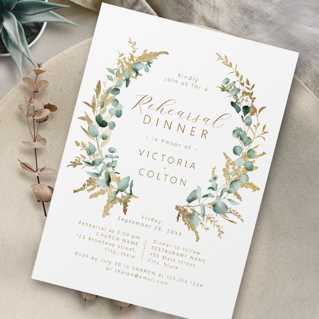 Convites Janto de ensaio russo do ouro eucalipto com verde (Rustic eucalyptus gold greenery Rehearsal Dinner Invitation)