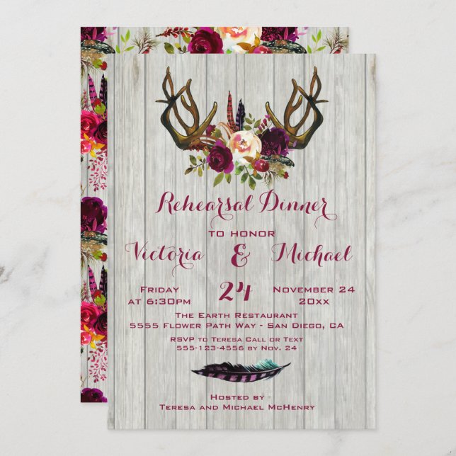 Convites Janto de ensaio Rustic Boho com Antlers florais (Frente/Verso)