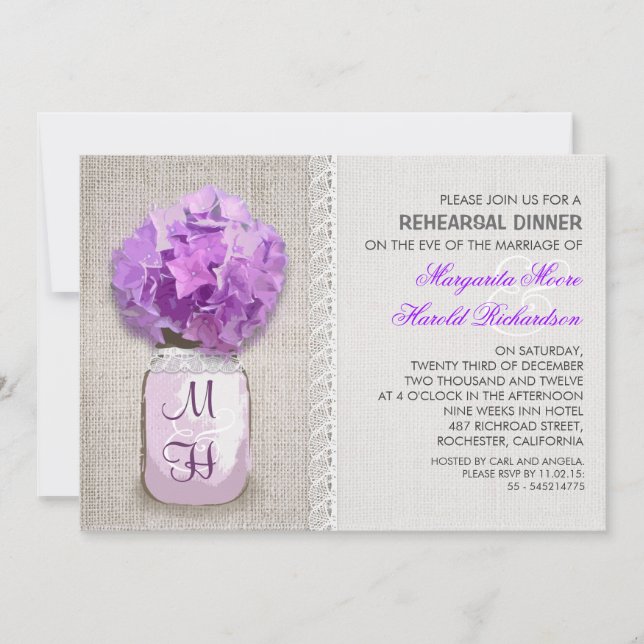 Convites Janto de Ensaio Rustic Burlap Mason Jar Purple (Frente)