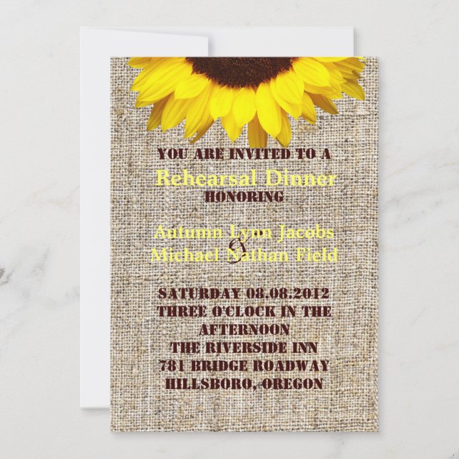 Convites janto de ensaio Rustic Burlap Sunflower Wedding (Frente)