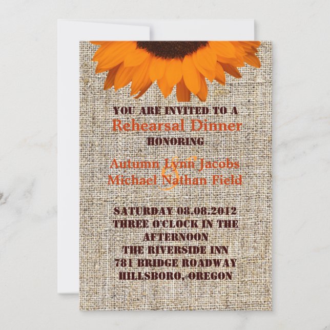 Convites janto de ensaio Rustic Burlap Sunflower Wedding (Frente)