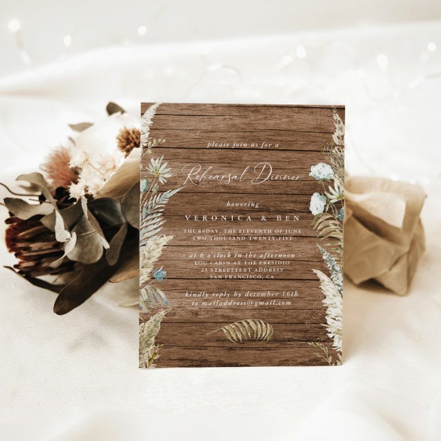Convites Janto de Ensaio Rustic Dried Greenery & Wood (Rustic Dried Greenery & Wood Rehearsal Dinner Invitation)