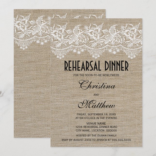 Convites Janto de ensaio Rustic Jute and Lace (Frente/Verso)