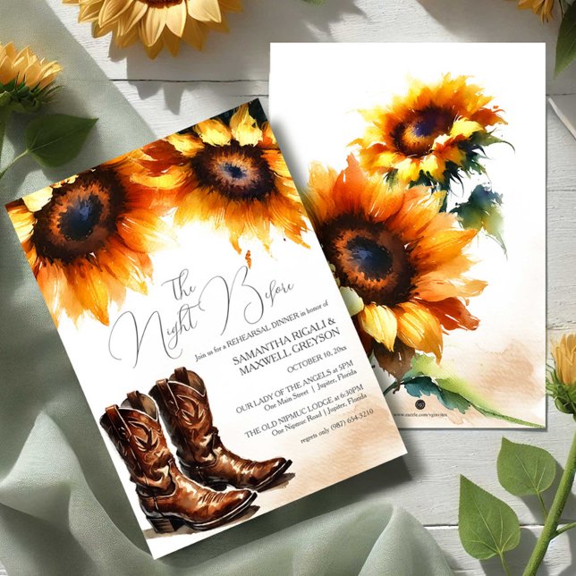 Convites Janto de Ensaio Rustic Watercolor Country (Country sunflower rehearsal dinner invitations with cowboy boots.)