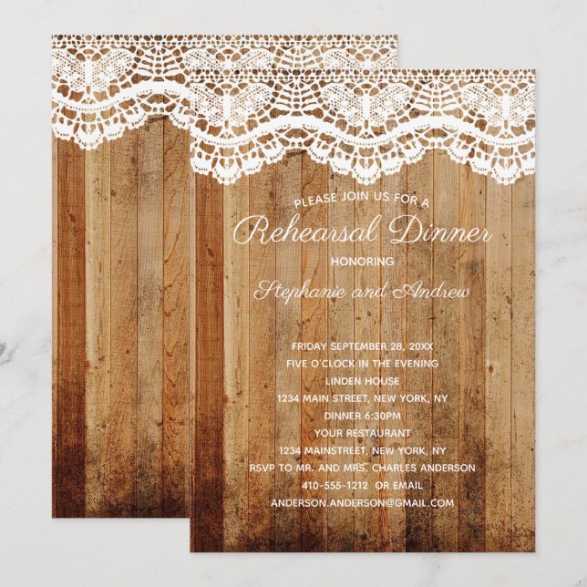 Convites Janto de Ensaio Rustic Wooden White Lace Country (Frente/Verso)