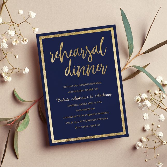 Convites Janto de ensaio simples elegante de ouro azul mari (Simple elegant navy blue gold Rehearsal Dinner )