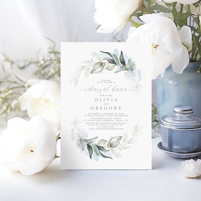 Convites Janto de ensaio sobre o Elegante Verde Dusty Blue (Rehearsal Dinner Dusty Blue Greenery Invitation)