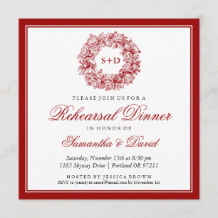 Convites Janto de ensaio Vintage Monograma Floral Vermelho