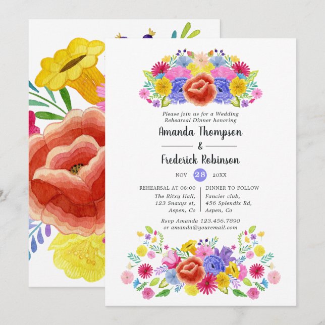 Convites Janto de ensaio Watercolor Floral Fiesta (Frente/Verso)