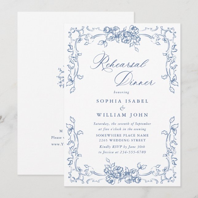 Convites Janto de Ensaios Azul Dusty do Ornamentado Renasce (Frente/Verso)