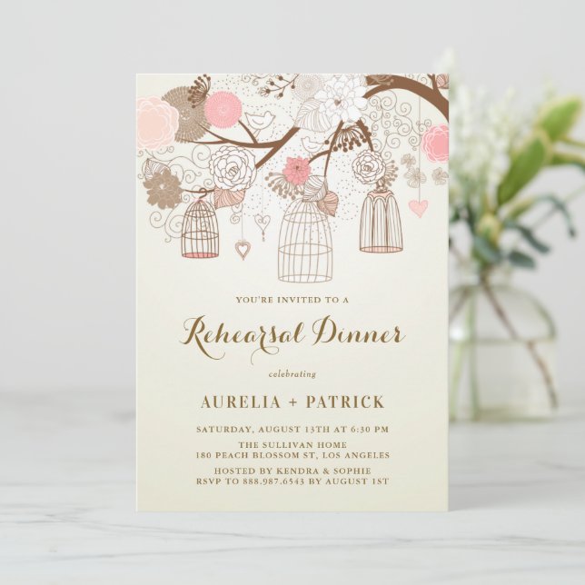 Convites Janto de Ensaios de Aves Vintage, Rosa e Castanha (Em pé/Frente)