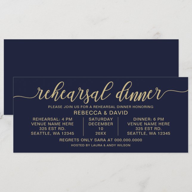 Convites Janto de Ensaios de Caligrafia marinho e Dourada (Frente/Verso)