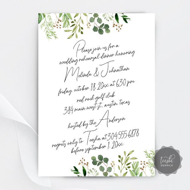 Convites Janto de Ensaios de Casamento, Verde Moderno (Wedding Rehearsal Dinner party, Modern Greenery Invitation Card, Digital Download)