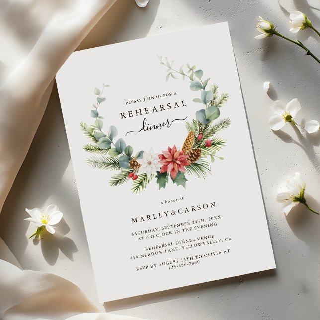 Convites Janto de Ensaios de Casamento Verde Wreath Evergre (Criador carregado)