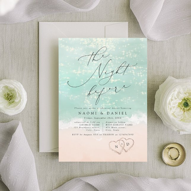 Convites Janto de Ensaios de Praia do Sand Hearts de Script (Modern Script Sand Hearts Beach Rehearsal Dinner Invitation)