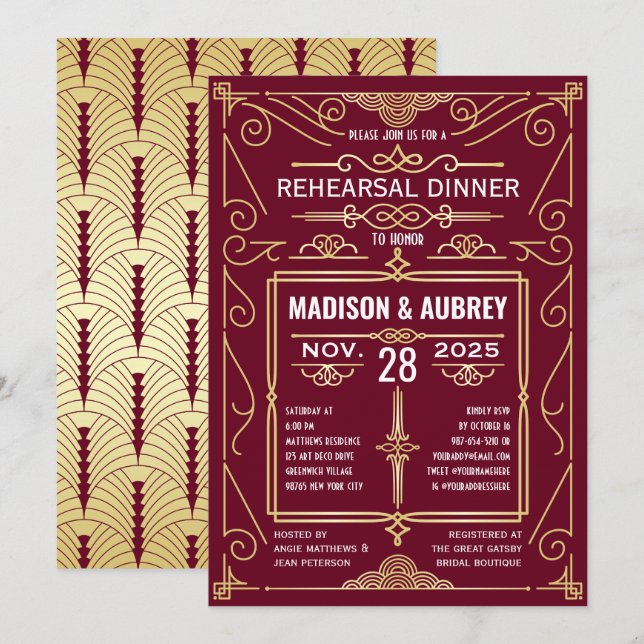 Convites Janto de Ensaios Dourado da Borgonha Art Deco Wedd (Frente/Verso)