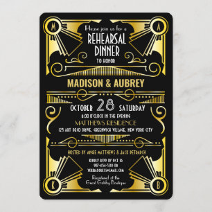 Convites Janto de Ensaios Dourado e Preto de Arte Deco